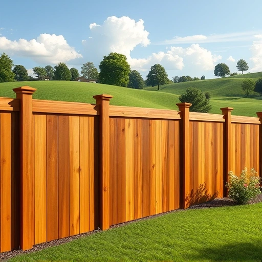 Completed wooden fence installation in Rutledge TN, featuring rich grain and a lush green lawn with flowers.