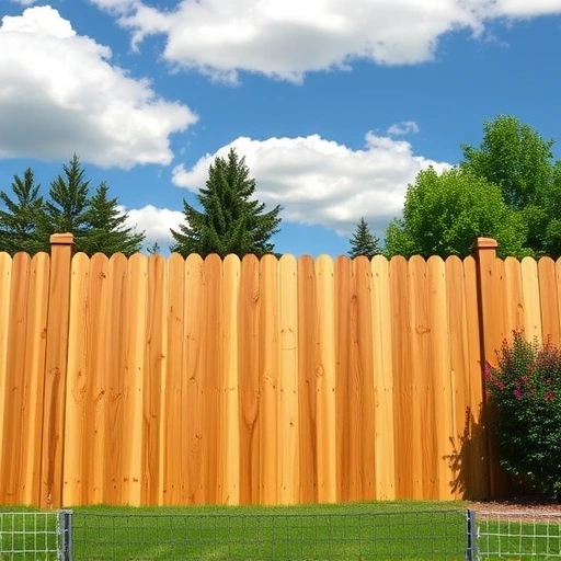 A sturdy wooden fence stands tall in Knoxville TN, showcasing rich wood grain and surrounded by lush greenery and blue skies.