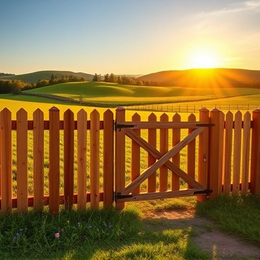 Completed wooden fence project in Rutledge TN set in a lush landscape with sunset and rolling hills.