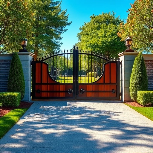 Double Drive Gate Installation in Knoxville TN featuring polished metal, wood accents, and a manicured landscape.