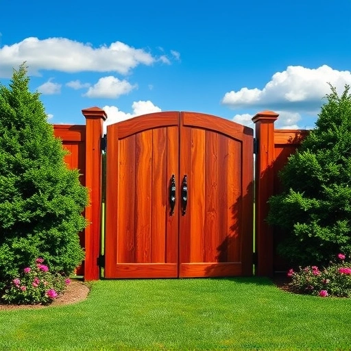 Beautiful wooden fence gate installation in Knoxville TN framed by vibrant plants and blue sky, showcasing craftsmanship.