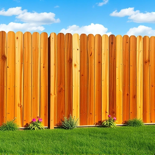 Completed wood fence installation in Halls TN surrounded by lush lawn and colorful flowers under a blue sky.