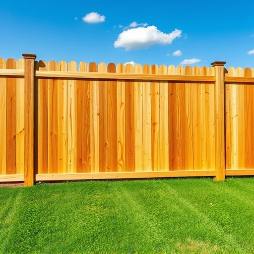 Completed wooden fence installation in Concord TN with natural stain, lush lawn, and clear blue sky.