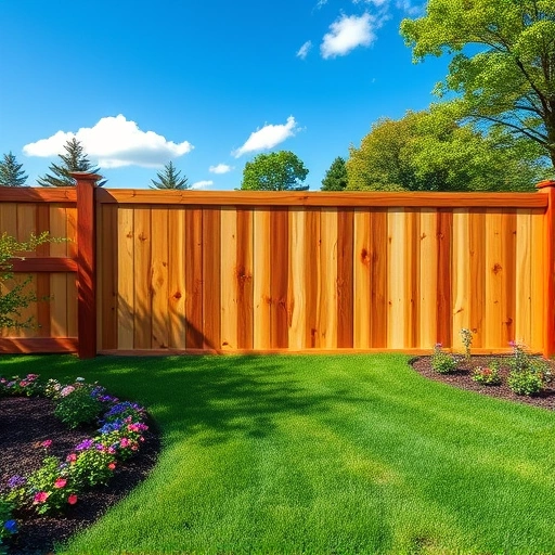 Beautiful wooden fence installation in Jefferson City TN, framed by vibrant flowers and lush green lawn under a blue sky.