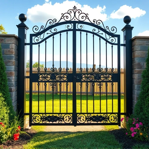 Completed wrought iron gate repair in Knoxville TN with fresh black paint, green grass, and vibrant flower beds.