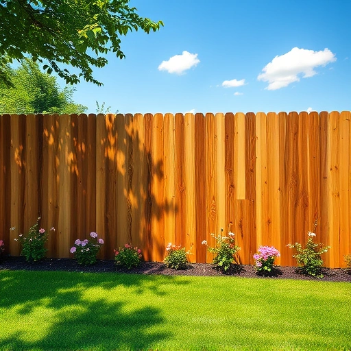 Completed wood fence installation in Kingston TN with vibrant lawn and blooming flowers under a clear blue sky