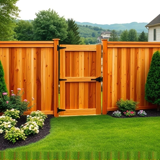 Completed wood fence installation in Seymour TN features rich wood tones, a defined gate, and a lush suburban setting.