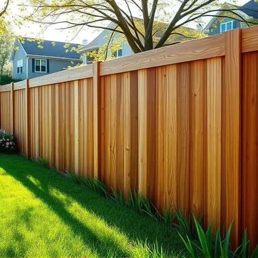 Completed wooden fence installation in Concord TN with rich tones, trimmed grass, and a serene neighborhood backdrop.