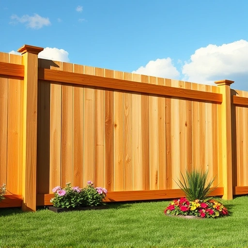 Completed wooden fence installation in Knoxville TN with lush lawn and vibrant flower beds under a blue sky.
