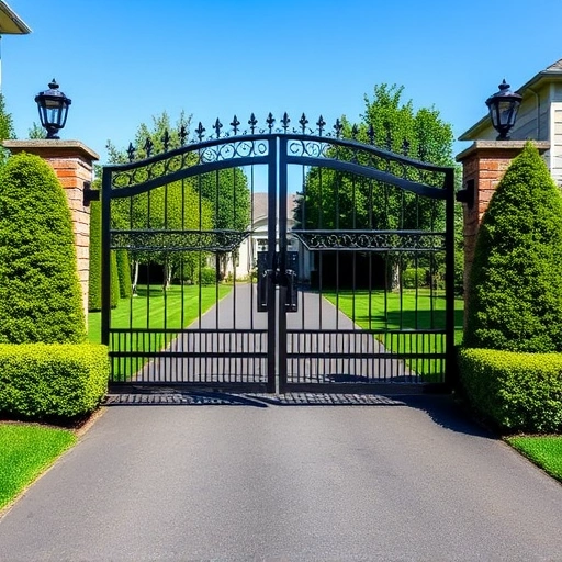 Completed double drive gate installation in Knoxville TN with ironwork, sliding mechanisms, and landscaped surroundings.