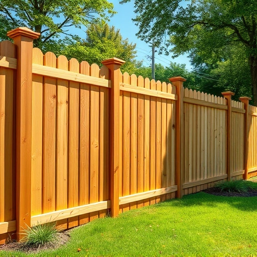 Completed wooden stockade fence installation in Knoxville TN with polished surfaces and vibrant lawn backdrop.