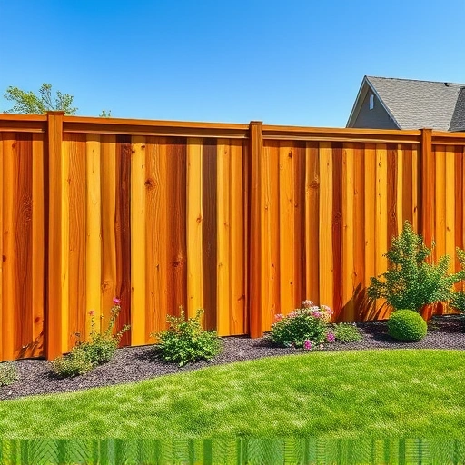 Fencing installation in Halls TN with wooden panels, lush grass, flowers, and vibrant shrubs under a clear blue sky.