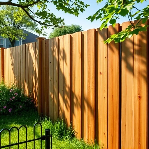 Completed cedar wood fence installation in Knoxville TN surrounded by lush greenery and a clear blue sky.