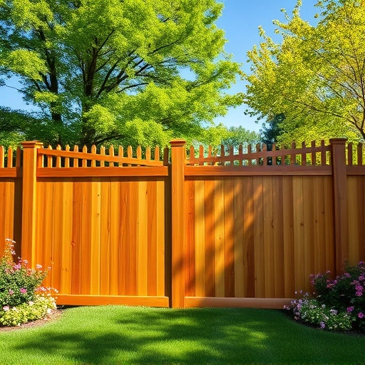 Completed wooden fence installation in Seymour TN, surrounded by lush greenery and blooming flowers under a clear sky.