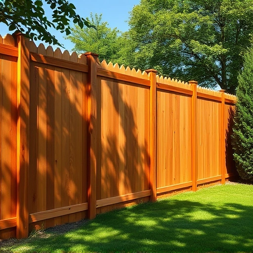 Completed wood fence in Dandridge TN, crafted from cedar, blends beautifully with lush greenery and clear blue sky.