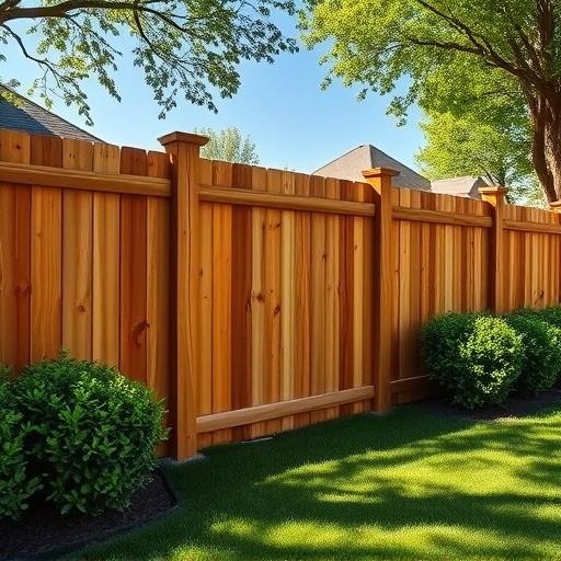 Beautifully crafted wooden fence in Friendsville TN, blending with lush greenery and a serene suburban backyard.