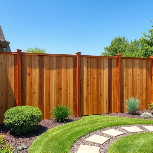 Completed wood fence installation in Seymour TN, showcasing natural wood, lush grass, vibrant flowers, and clear blue sky.