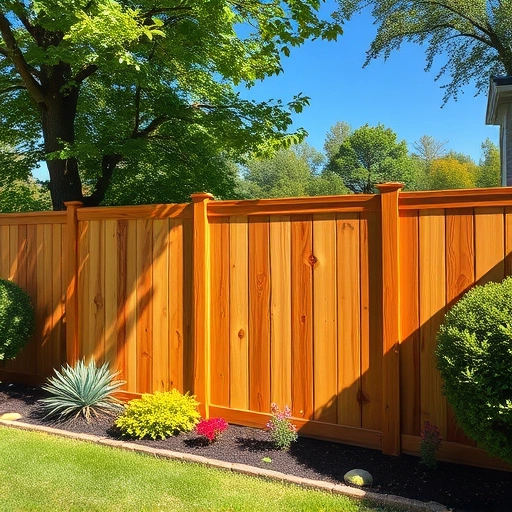 Completed wooden fence in lush Norris TN backyard, showcasing craftsmanship and vibrant landscaping under blue sky.