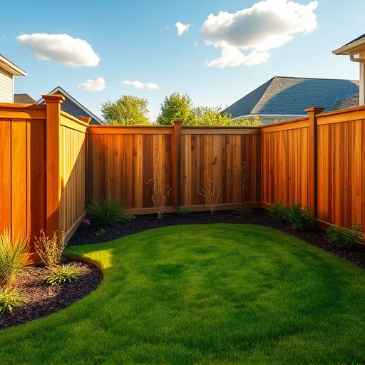 Privacy fence installation in Knoxville TN features a wooden fence, landscaped yard, vibrant grass, and blue sky.