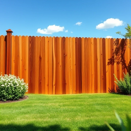 Freshly stained wooden fence in Knoxville TN, showcasing rich tones and lush green lawn under a blue sky.