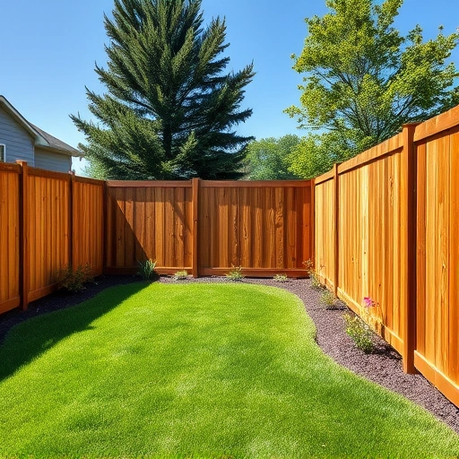 Completed cedar wood fence in a serene Andersonville backyard, surrounded by green lawn and vibrant flowers.