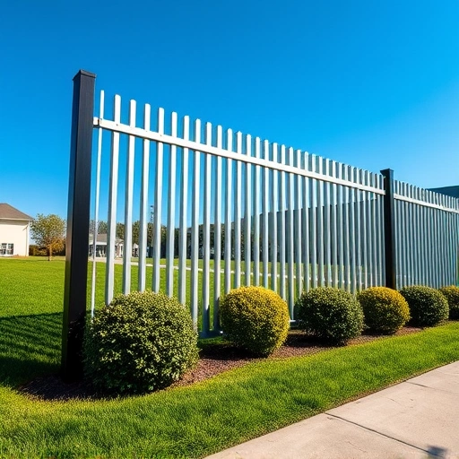 Aluminum and metal fence installation in Knoxville TN with sleek lines, vibrant lawn, and clear blue sky backdrop.