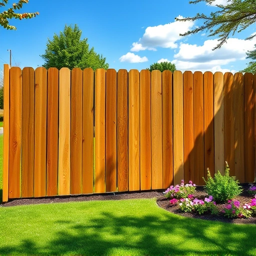 Completed wooden fence in Concord TN, showcasing craftsmanship in a sunny suburban setting with vibrant flowers.