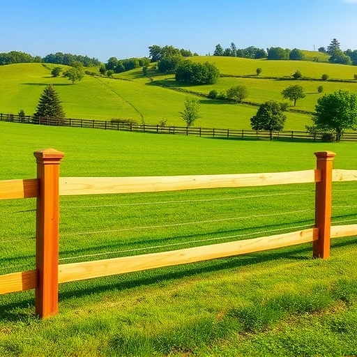 Wooden fence in Knoxville TN surrounded by lush greenery, rolling hills, and a clear blue sky in a tranquil setting.