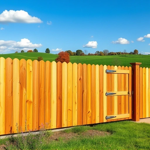 Wooden fence in Knoxville TN with vertical planks, natural stain, rolling hills, and vibrant fall colors in background.