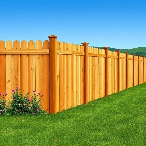 Completed wooden fence in Newport TN, showcasing craftsmanship amidst a green lawn and rolling hills under blue sky.