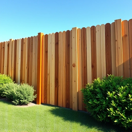 Wood fence installation in Caryville TN with rich wood textures, lush lawn, blue sky, and flowering plants.