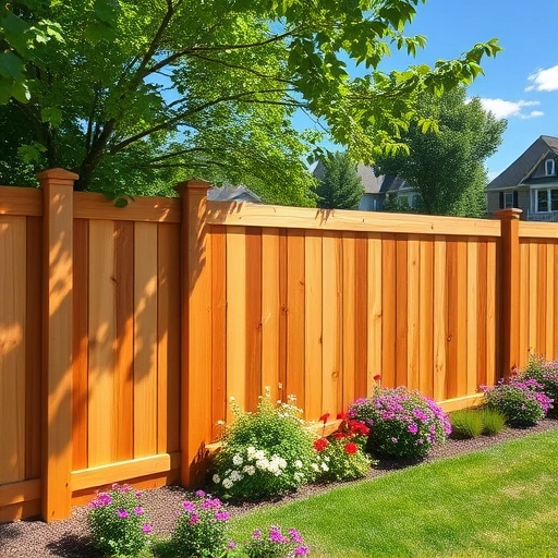 Completed wood fence installation in Concord TN with natural wood grain, vibrant garden, and serene atmosphere.