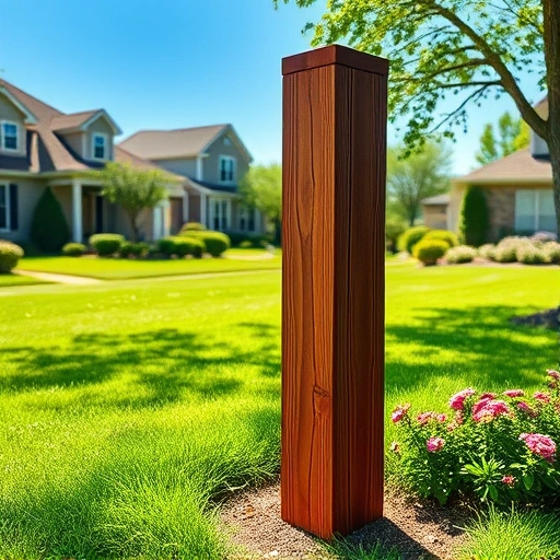 Fence post replacement in Knoxville TN, showcasing a sturdy dark-stained wood post in a manicured yard with vibrant flowers.
