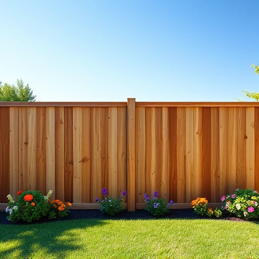 Privacy fence installation in Knoxville TN with rich wood tones, lush lawn, colorful flowers, and clear blue sky.