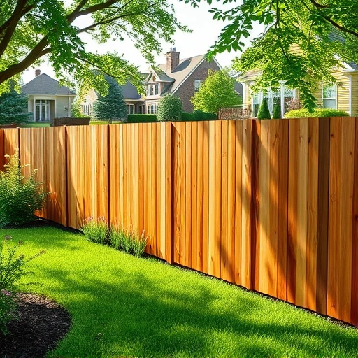 Board-on-board fence installation in Knoxville TN, showcasing wooden planks and a lush green yard with flowers.