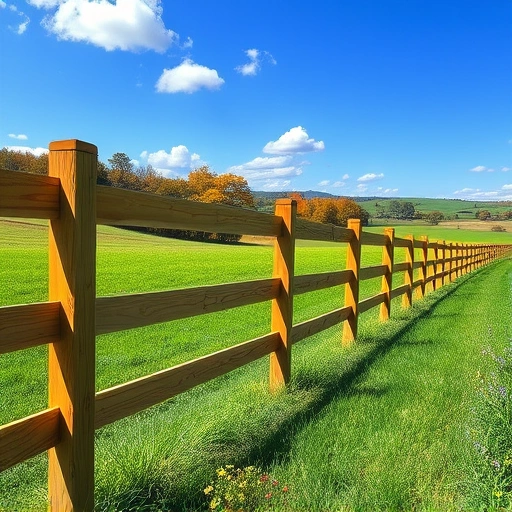 Neatly constructed wooden fence in a grassy field with autumn hills and vibrant wildflowers in Knoxville, TN.