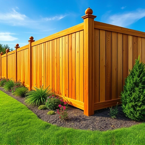 Beautiful wooden fence in Morristown TN, harmonizing with lush landscaping and a clear blue sky backdrop.