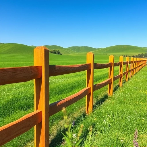 Post and rail fence installation in Knoxville TN with polished wood, lush grass, wildflowers, and serene hills.