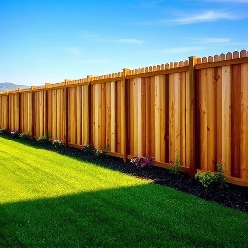 Beautiful wooden fence installation in Lenoir City TN surrounded by vibrant grass and colorful flower beds under a blue sky.