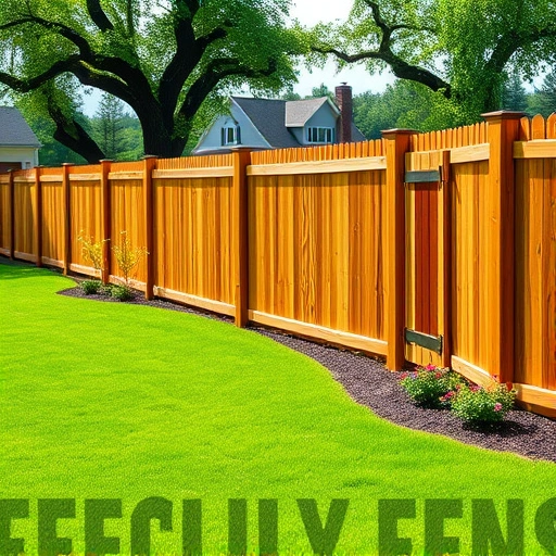 Completed wooden fence installation in Knoxville TN, enclosing a vibrant lawn with flower beds and charming homes nearby.