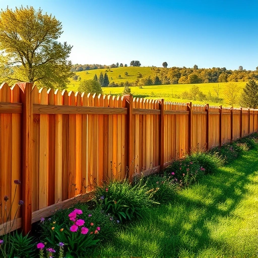 Completed wooden fence in Rockwood TN, featuring warm cedar tones, lush grass, wildflowers, and rolling hills.