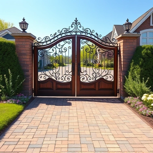 Double Drive Gate Installation in Knoxville TN combining wrought iron and wood, set in a serene suburban landscape.