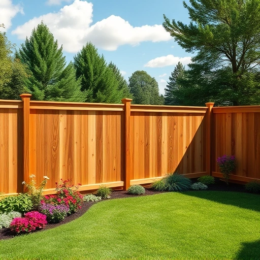 Completed wooden fence in Farragut TN, crafted from cedar, set in a lush backyard with vibrant flowers and trees.