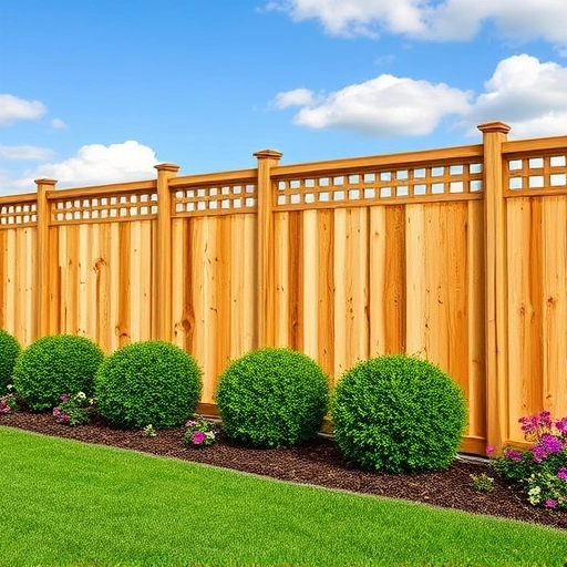 Completed Lattice-Top Privacy Fence in Knoxville TN, showcasing polished wood, lush lawn, and colorful flowers.