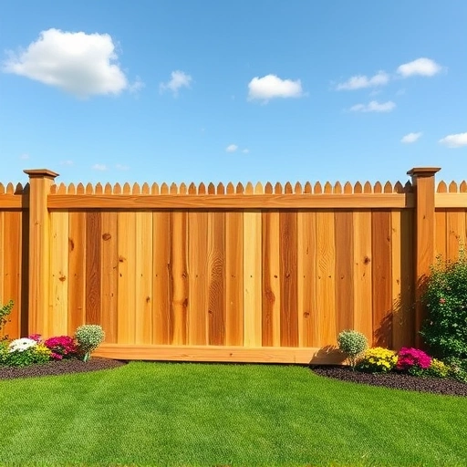 Completed wooden fence installation in Maryville TN with lush lawn and colorful flower beds under a clear blue sky.