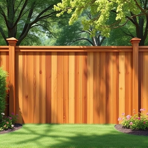 Completed wood fence installation in Morristown TN with lush grass and flower beds under soft sunlight.