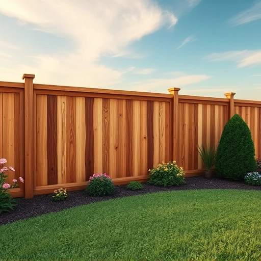Completed wooden privacy fence installation in Knoxville TN with lush landscaping and clear sky, showcasing quality craftsmanship.