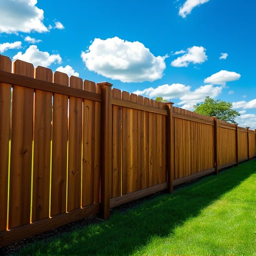 Wooden fence in Knoxville TN with deep brown stain, manicured lawn, trees, and bright blue sky with clouds.