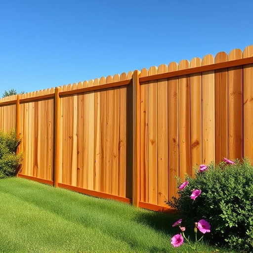 Cedar fence installation in Knoxville TN with rich wood tones, lush grass, and vibrant flowers under a clear blue sky.