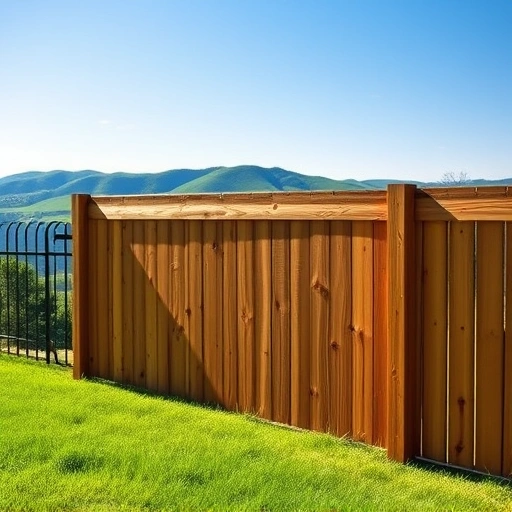Completed wooden fence project in Dandridge TN with natural wood grain set against rolling green hills and blue sky.